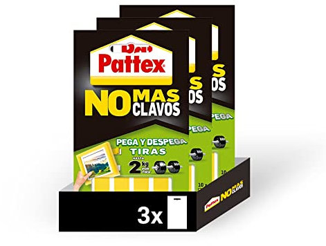 Pattex Pack de 3 Tiras NO MÁS CLAVOS, Tiras de Pegar y Despegar, Reutilizables y Sin Residuos, Soportan hasta 2 Kilos. Pack de 30 Tiras. Color Blanco.