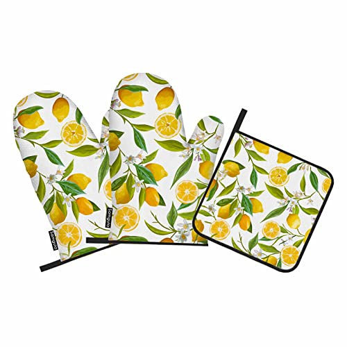 Samgula Lot de 3 gants de cuisine et maniques jaunes et citrons - Feuilles de fruits d'été - Résistants à la chaleur - Pour la cuisine, la pâtisserie, le barbecue