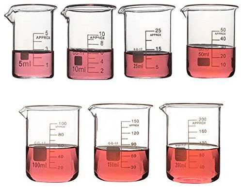 Juego de vasos de precipitados de vidrio, 5 ml, 10 ml, 25 ml, 50 ml, 100 ml, 150 ml, 200 ml, juego de vasos de laboratorio de borosilicato, vaso de medición de vidrio con graduación y pico vertedor,