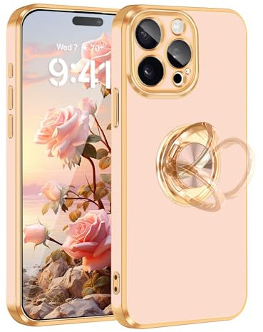 Fingic for iPhone 15 Pro Case[with 360° Ring Holder][Support Magnetic Car Mount] Cute Kickstand Slim for Women Girls Nonslip Soft TPU Rugged Bumper Protective Case for iPhone 15 Pro,Rose Gold