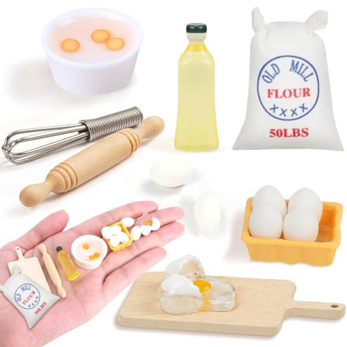Wichtel Zubehör, 1/12 Miniatur Puppenhaus Zubehör Mini Eier Nudelholz Mehlsack Schneebesen Ölflasche Miniatur Wichtel Backset, Miniatur Wichtel Zubehör Küche Möbel Backen Zubehör