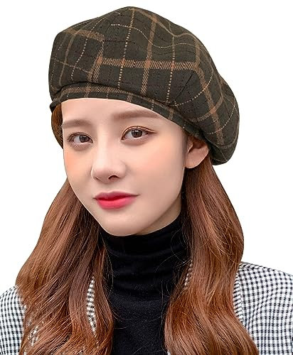 Panegy Französische Baskenmütze aus Wolle für Frauen kariert Klassisch Schirmmütze Newsboy Malermütze Flachmütze Mode Vintage Leinen Beanie Hut Warmes Accessoire Mokka Grün