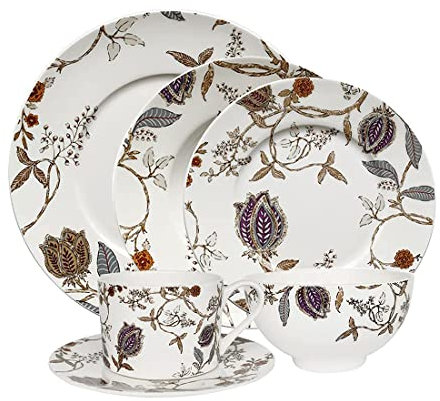 Juego de vajilla Bone China para 4 - Serie Secret Garden, Plato y Juego, Juego de vajilla de Porcelana, Plato Llano, Plato Hondo, Plato de Ensalada, Taza de café + Plato pequeño