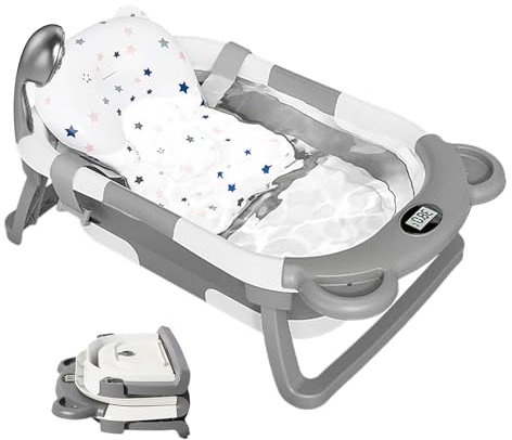 Groß Baby Badewanne Faltbare mit Integriertem Thermometer Sitzmatte, Babybadewanne Badewanneneinsatz Neugeborene, Rutschfeste Tragbare Baby Wanne Inkl Badebecken für Kleinkinder Babys Grau