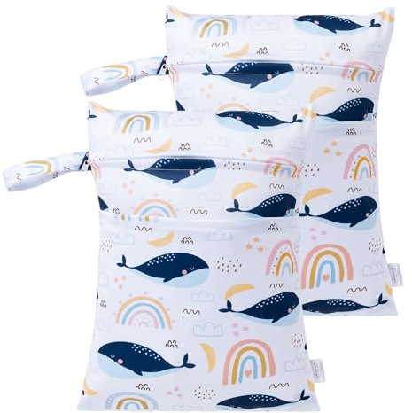 HBselect 2 Stück Nasstasche Wetbag Kindergarten wiederverwendbar Wet Dry Bag Windeltasche Nassbeutel Personalisiert for Baby Regenbogen Wal