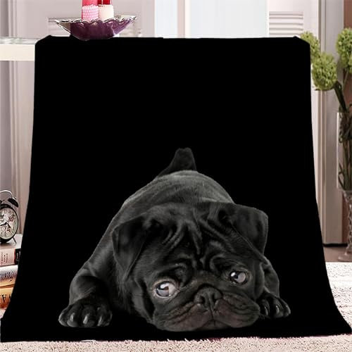 Kuscheldecke 180x200 cm Tierischer Mops und schwarzes Muster 3D Druck Weichen Kuscheldecke Flauschig Fleecedecke als Sofadecke Tagesdecke Couchdecke für Mädchen Jungen