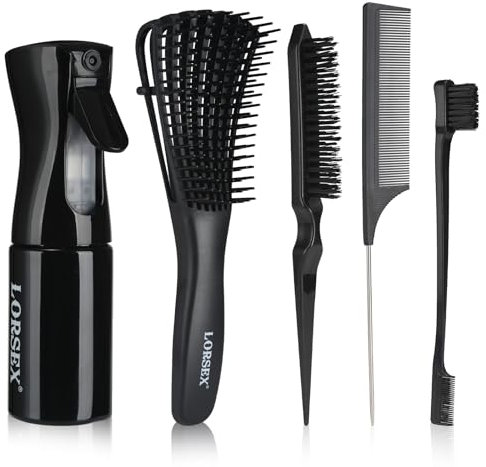 LORSEX Hair Brush with 200ml Hair Spray Bottle, Detangle Hair Brush for Black Natural Hair, Afro American Type 3a-4c, 3 Pcs Slick Brush Set (Black)