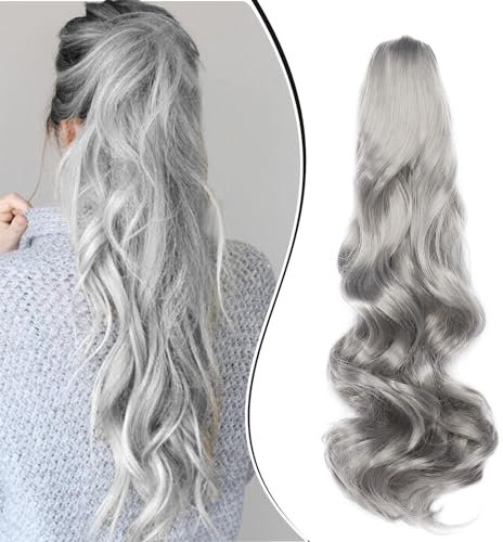 Dcbaboo Pferdeschwanz Haarteil Zopf Extension mit Klammer Wellige Lang Ponytail Extensions Haarverlängerung Clip Synthetik Gewellte Pferdeschwanz Haarextension Zopf, 45cm Dunkelgrau