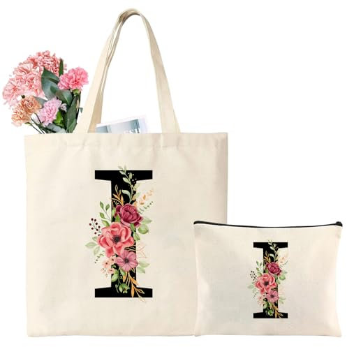 Tarklanda Initialen Einkaufstasche Baumwolltasche mit Buchstaben Canvas Tote Bag Initial Tragetasche und Kosmetiktasche Geschenk für Frauen Freunde Mama zum Geburtstag, Jahrestag, Muttertag (I)