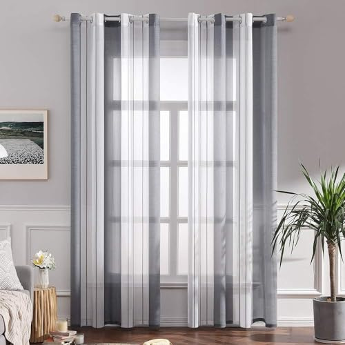 MIULEE Tende Voile a Righe Bianco e Grigio con Anelli 2 Pezzi 140x270 cm | Voile semitrasparente a righe per soggiorno, camera da letto e piccole finestre.
