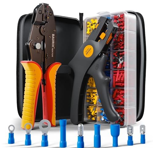 BAURIX® Set di pinze crimpatrici con 700 capicorda e pinza spellafili, pinza per capicorda 0,50 – 6,00 mm², pinza crimpatrice, pinza crimpatrice