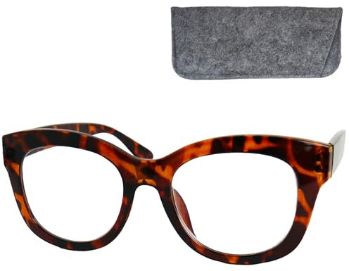 Stilvolle Retro Lesebrille Dicker Rahmen und großen Gläsern, Gratis Etui, Kunststoff Brillengestell mit Federscharnier (Leopardenmuster Braun), Lesehilfe Damen +2.5 Dioptrien