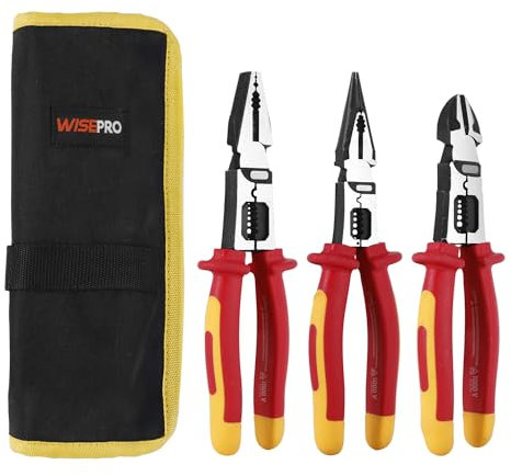 3 Pcs Insulated Pliers Set, Multifunctional Wire Stripper Crimper Pliers with Pouch Including Linesman Pliers, Needle Nose Pliers, Diagonal Cutters for Screwing, Crimping, Stripping, Shearing