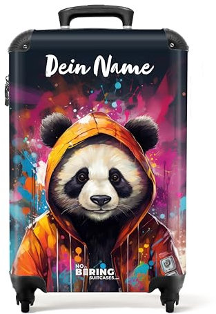 NoBoringSuitcases.com Handgepäck Koffer, Koffer Personalisiert, Reisekoffer, Reisetasche mit Rollen, Hartschalenkoffer, Suitcase, Koffer Klein, Handgepäck 55x40x20 cm (Panda - Orange)