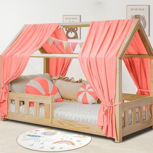 Hausbett Himmel Deko Set, Betthimmel Hausbett aus Musselin - 2 Betthimmel & 1 Wimpelkette, für Jungen Mädchen Deko für Kinderzimmer, Baldachin Kinderzimmer Deko I 135 x 270cm Rosa