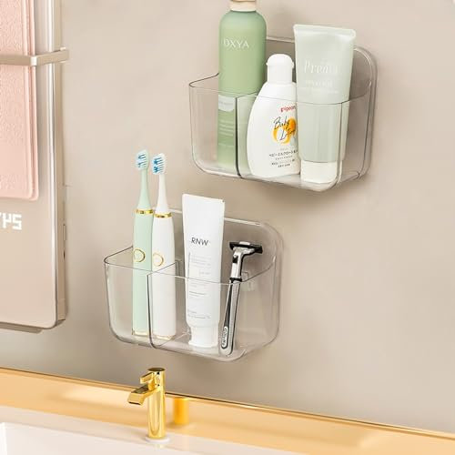 CGBE Plastic Wall Mount Organizer 2-Pack, Clear Cabinet Door Organizer with 2 Compartments, No Drilling Adhesive Acrylic Bathroom Shower Shelf Automatic Draining Transparent Wall Mount Shower