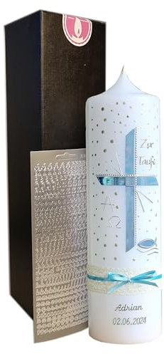 TAUFKERZE, KOMMUNIONKERZE, Junge, Mädchen Kreuz Blau 250/70 mm, mit Zubehör zum selbstbeschriften und Aufbewahrungskarton - Handarbeit, Wachsmotiv