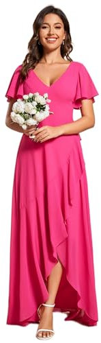 Ever-Pretty Robe pour Mariage Invité Femme Longue Asymétrique Manches Courtes Col V Fendue Fluide Chic Rose Rouge 40
