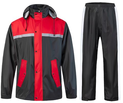KTWOLEN Herren Regenanzug Wasserdicht Regenjacke Reflektierend Fahrrad Regenbekleidung Regenjacke und Hose Set Regenkombi Wasserdichter Anzug, Rot, XL