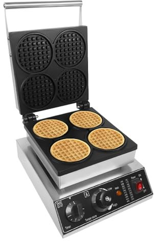 Gaufrier Commercial 220V 1750W et Indicateur LED,4 Gaufres Appareil a Gauffre en Acier Inoxydable Revêtement Antiadhésif, 5 Minutes Timing, Température 50-300 ℃ Pour Boulangeries,Restaurants,Kiosqu