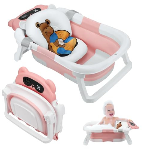 Bañera Bebe Plegable, Bañera Bebe con Termómetro, Bañera Bebé con Cojín y Patas Plegables, adecuada para recién nacidos y niños pequeños, ahorra espacio