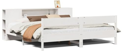 Hommdiy Massivholzbett mit Regal ohne Matratze Holzbett ohne Matratze, Bettgestell mit Lattenrost Kopfteil, Bett für Schlafzimmer Weiß 180 x 200 cm
