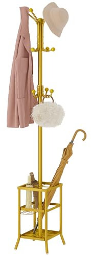 FAVOOSTY Porte-manteau autonome avec porte-parapluie, Porte Manteau sur Pieds,arbre à manteaux en métal avec 12 crochets, chapeau d'arbre pour entrée, couloir, chambre, salon et bureau – Or