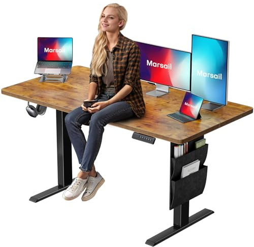 Marsail Scrivania elettrica regolabile in altezza con borsa portaoggetti, 139,7 x 61 cm, scrivania per casa, ufficio, postazione di lavoro per computer, gaming, 4 impostazioni di altezza di memoria,