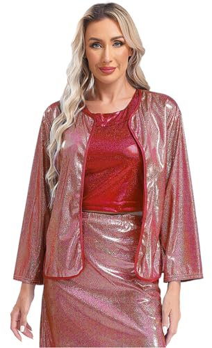 Jugaoge Damen Metallic Jacke Vorne Offene Cardigen Strickjacke in Lack Leder Optik Loose Fit Schulterjacke Disco Party Top Gogo Raver Outfits Clubwear Rot S