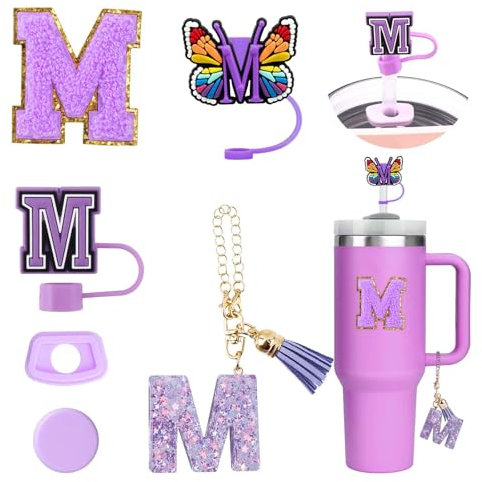6PCS Personalized Tumbler Accessories for Stanley Cup, Straw Covers for Stanley Cup, Initial Decorations, Letter Stickers, Letter Charms, and Leak Stoppers for Tumblers (M)