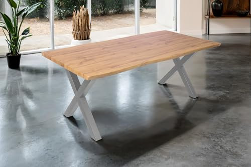SAM Esstisch Josy | 200 x 100 cm | Holz Wildeiche-Optik | X-Gestell Metall Silber | 40 mm Tischplatte mit Baumkante | Tisch für Esszimmer & Küche