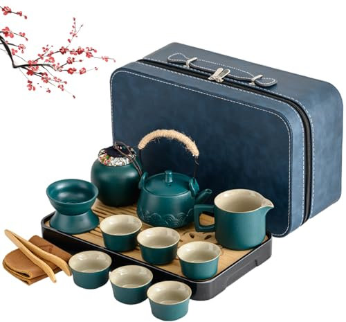 Japanisches Teeset Chinesische Teekanne Set, Gongfu Teeservice, 14 Stück tragbares schwarzes Keramik-Teekannenset mit 6 Teetassen&Tablett, Mit Tasse traditionelles Teeservice aus Porzellan (Türkis)