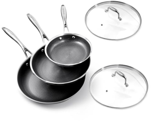 DELUXE Hybrid Ceramic Nonstick 5-Piece Fry Pan Set(20/25/30CM,Frying Pans with Tempered Glass Lids,Stay-Cool Handles, Dishwasher Safe, Works on All Stovetops