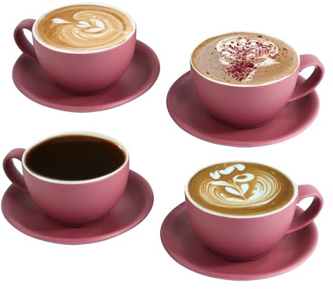 Yundu Matte Purple Cappuccino Cups Set 4 x 300 ml. Ceramic Latte Mugs with Saucers, Elegant Espresso Cups for Coffee & Tea