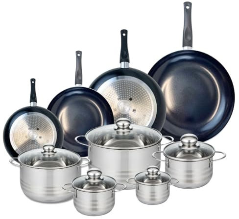 ELO 9755750 Batterie de cuisine 9 pièces, Ensemble de 4 Poêles de cuisson 20, 24, 28 et 32 cm et 5 faitouts 12, 14, 16, 20 et 24 cm Elo Prima Brillant, inox, induction