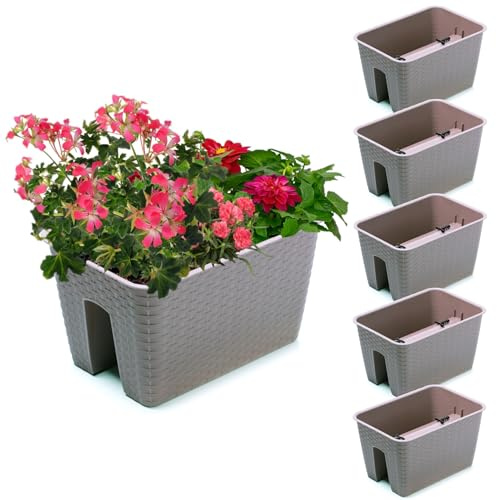 Satz von 5 Stck Balkonkiste 13 L Blumenkasten Geländerkasten Balkonkasten Geländertopf 27,2 cm x 39,6 cm H 22,5 cm Farbe Mokka Rattan-Imitat Quadrat aus Kunststoff Modern Glamour Geschenkdekoration