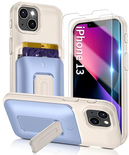 Gritup for iPhone 13 Phone Case with Cards Slot Sliding Cover,Heavy Duty Shockproof Protective [Kickstand] [2X HD Screen Protectors],iPhone 13-Light Blue