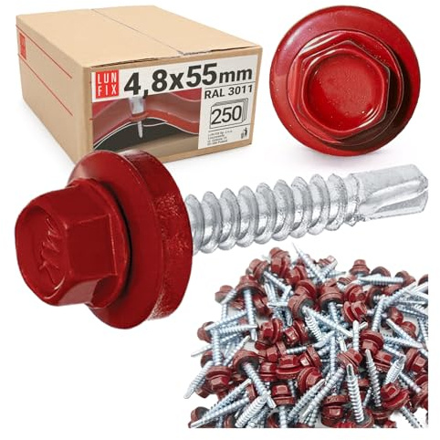 LUN FIX Vis Autoforeuse Metal 4,8x55 mm, EPDM, RAL 3011, 250 Pcs, Rouge | Vis Autoperceuse, Autoperforante, Acier Galvanisé Pour Bac Acier Toiture Et Tôle, Tête Hexagonale Avec Rondelle Scellée