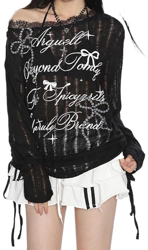 Women Goth T Shirt Harajuku Anime Graphic Y2K Tops Long Sleeve Off Shoulder Streetwear Grunge Aesthetic Clothes