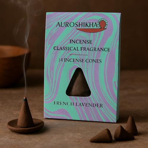 Anandam Auroshikha Räucherkegel - 14 Natürliche Räucherkerzen - Traditionell in indischem Ashram in Handarbeit gefertigt - Lavendel