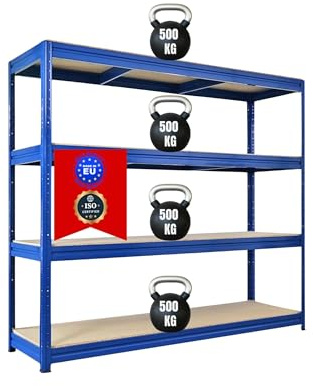 PROREGAL Schwerlastregal Dino 180x200x60cm 4 Spanplatten-Ebenen 16mm Fachlast 500kg Blau, Garagenregal, Lagerregal, Steckregal, Kellerregal