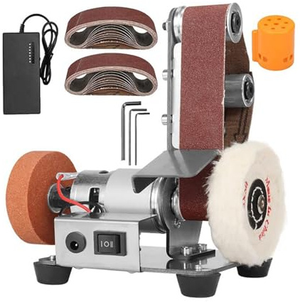 CHANGLKJ Ponceuse Électrique D'établi, Mini Ponceuse Multifonctionnelle avec Meule Et Disque De Polissage, 7 Vitesses Réglables, Marche Avant/arrière, pour Métal, Bois Et Fabrication De Couteaux