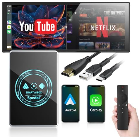 Spedal CarPlay AI Box Wireless Adapter with Netflix & YouTube, 3-in-1 Smart Box Car Streaming Device, Car Video Player 4K, Dual-Band WiFi, HDMI Output | for Cars with Wired CarPlay Android 12 (4+64GB)