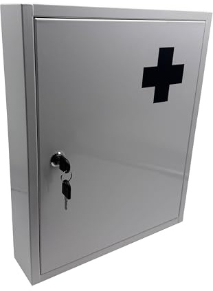 Relaxdays Medizinschrank, abschließbar, 5 Fächer, HxBxT: 43 x 35,5 x 8 cm, für Medikamente, Arzneischrank, weiß/grau