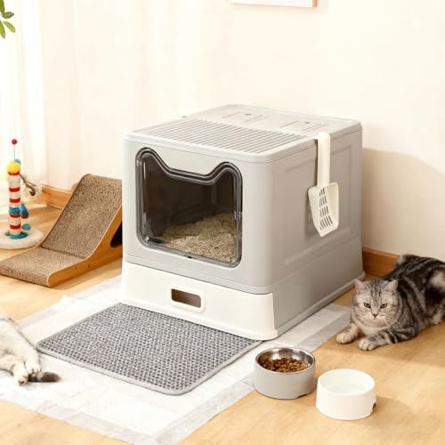 Lettiera per Gatti XL, Casa da Toilette Alta in Acciaio Inox con Coperchio, Lettiera per Gatti, Cat Litter Box, Paletta, 41 * 51 * 38 cm Pola inossidabile (grigio) (B)