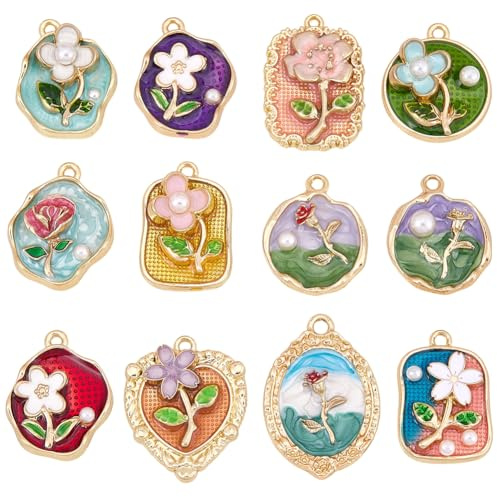 BEAMARKER 1 caja de 12 colgantes de Flores Esmaltadas de 12 estilos, 3D, con Pintura Al Óleo, de Aleación de Metal Dorado, Vintage, Redondos, Ovalados Y Rectangulares, para Hacer Joyas, Pendientes Y M