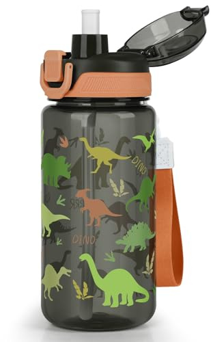 omedecal Gourde Enfant avec Détachable Paille 600ml Anti Fuite - Dinosaure | Peut être Consommé Directement, Poignée de Transport, Verrouillage Sécurisé, lave-vaisselle, Sans Bpa pour l'école Sport