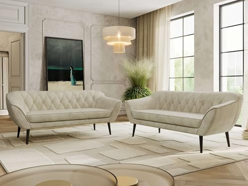 MKS MEBLE Sofagarnitur PIRS 3 + 3 - Couchgarnitur im skandinavischen Design, Gesteppte Polsterung, Wellenfederung, Wohnzimmer Sofa Set - Schwarze Beine, Beige Velvet