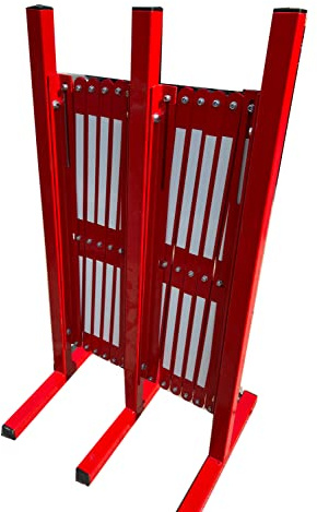 UvV schweres Scherengitter rot mit weiss reflektierenden Streifen aus Metall ausziehbar auf 5 m