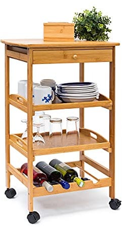 Relaxdays Desserte de cuisine JAMES L en bambou avec 4 roulettes tiroirs chariot rangement pour assiettes bouteilles vin HxlxP: 80,5 x 50 x 37 cm îlot avec 2 tablettes, nature